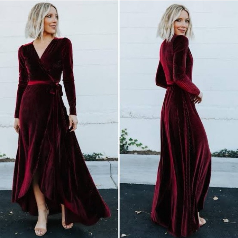Baltic Born Deep Red Velvet Long Sleeve Dress